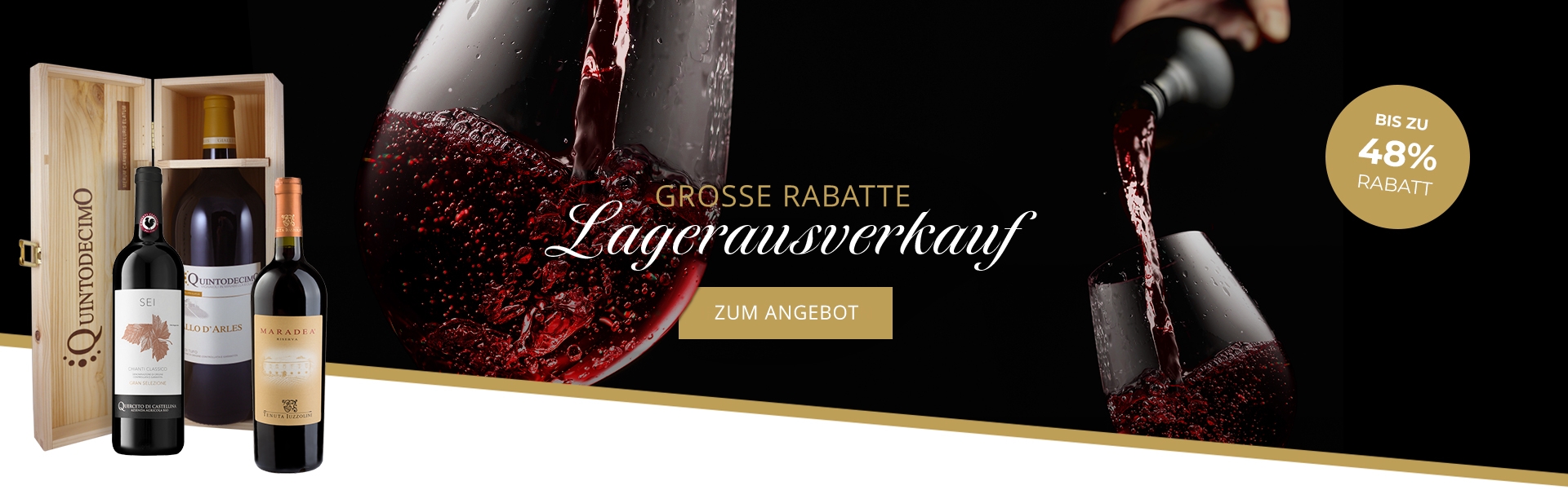 Lagerausverkauf, Lagerräumen, Restposten, grosse Rabatte, günstige Weine